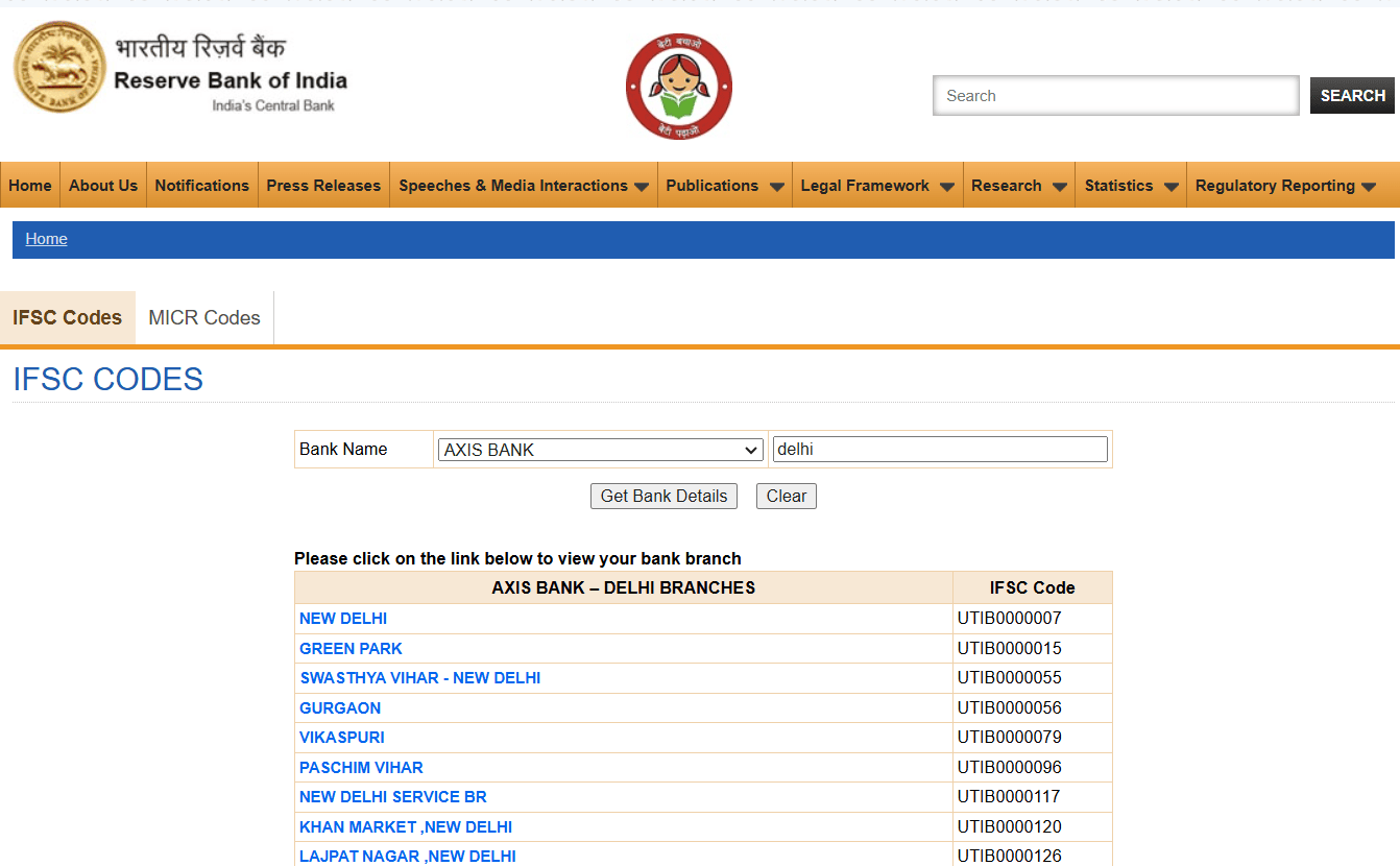 RBI IFSC CODE